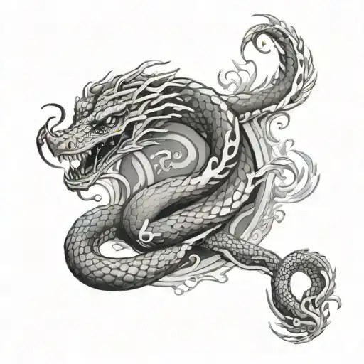A Tattoo Design Of A Snake And Dragon Battling In A Fiery And Watery Landscape