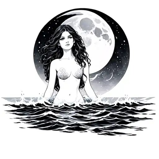 Moon And Women Posing Back In Sea