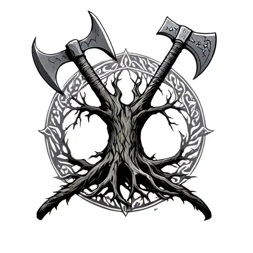 Tree Of Life With 1 Viking Battle Axe And 1 Native War Hatchet