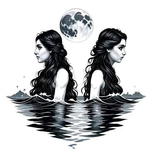 Moon And Women Looking Back In Sea