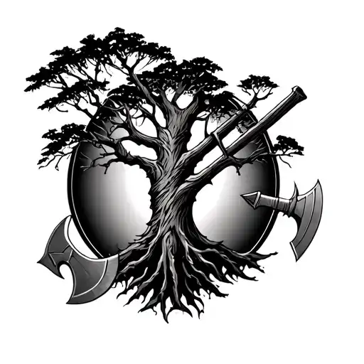 Tree Of Life With 1 Viking Battle Axe And 1 Native War Hatchet
