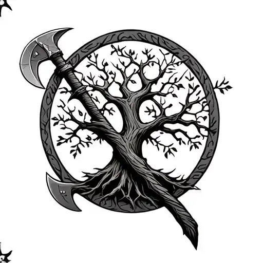 Tree Of Life With 1 Viking Battle Axe And 1 Native War Hatchet