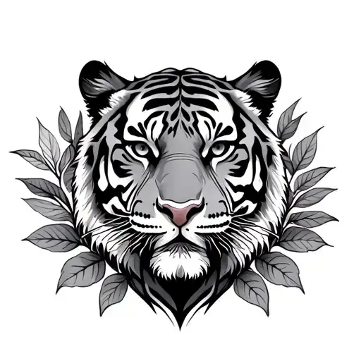 Tiger Head Surrounded By Leaves