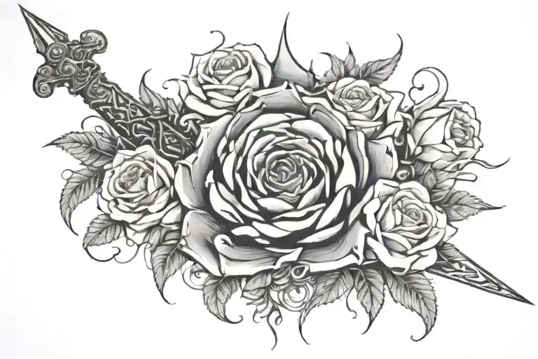 Womb Tattoo With A Sword Surrounded By Gorgeous Roses And Thorns