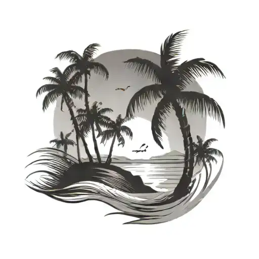 A Black-grey Tattoo Of A Beach Scene With Palm Trees Swaying In The Wind