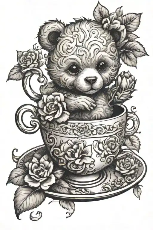 Teddy Bear In A Tea Cup With Flowers Intertwined