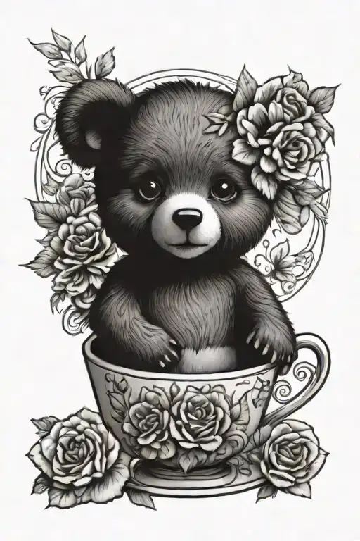 Teddy Bear In A Tea Cup With Flowers Intertwined