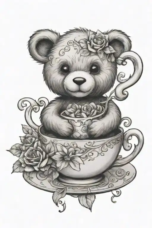 Teddy Bear In A Tea Cup With Flowers Intertwined