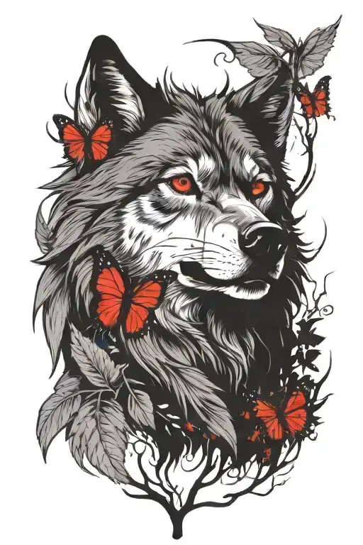 An Angry Wolf Comes Out Of The Forest With A Red Butterfly Sitting On His Ear