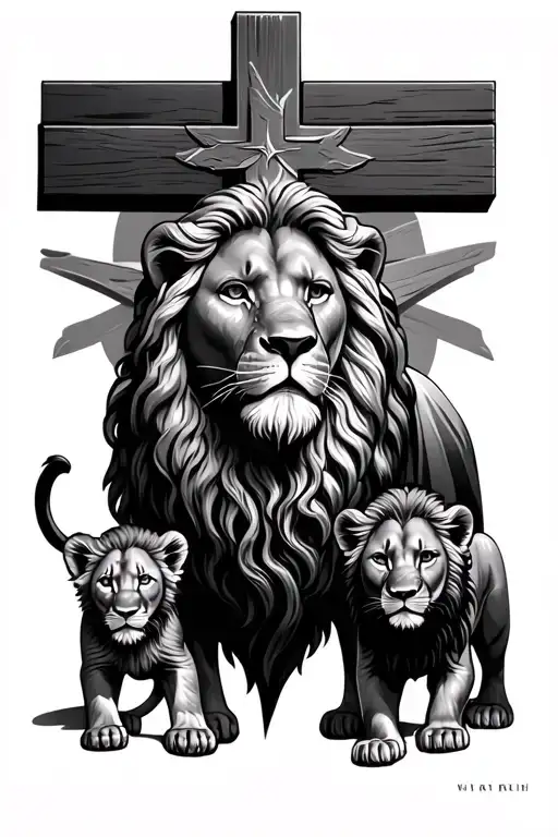 Jesus Cross Male Lion Underneath Then 2 Lion Cubs Underneath The Male Lion