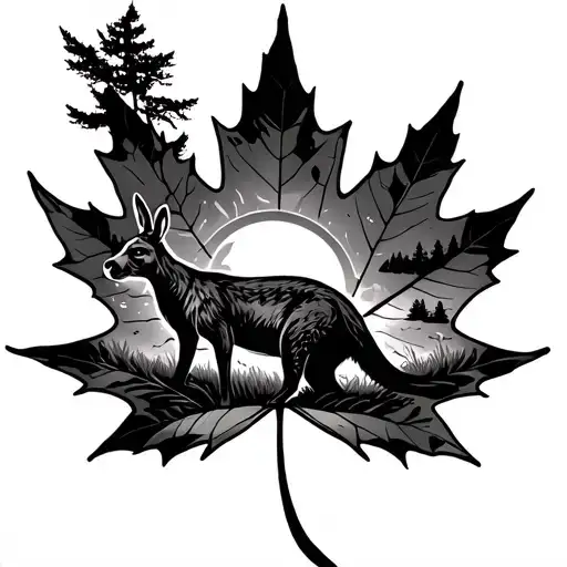 Canadian Maple Leaf With A Kangaroo And Sunset In The Leaf Background