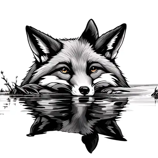Fox Looking At Water With His Reflection
