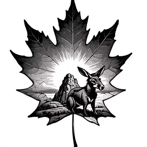 Canadian Maple Leaf With A Boxing Kangaroo And Sunset With Ayres Rock In The Leaf Background