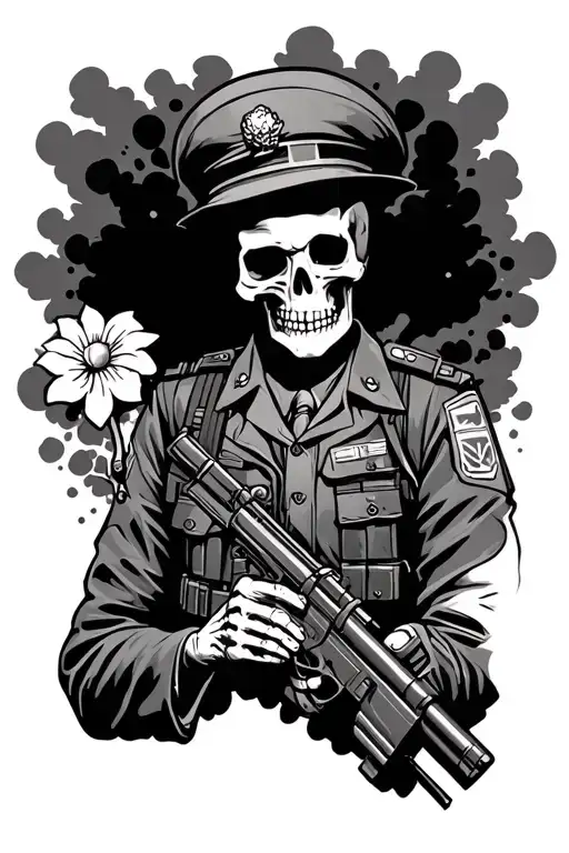 Tactical Skeleton In A Military Uniform With A Flower In His Hands On The Background Of An Explosion