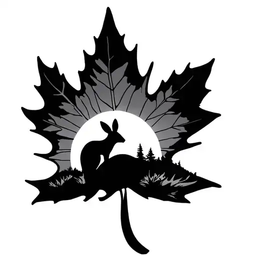 Canadian Maple Leaf With A Sunset And Upright Kangaroo In The Background Of The Leaf