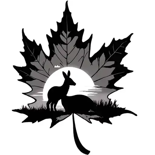 Canadian Maple Leaf With A Sunset And Upright Kangaroo In The Background Of The Leaf