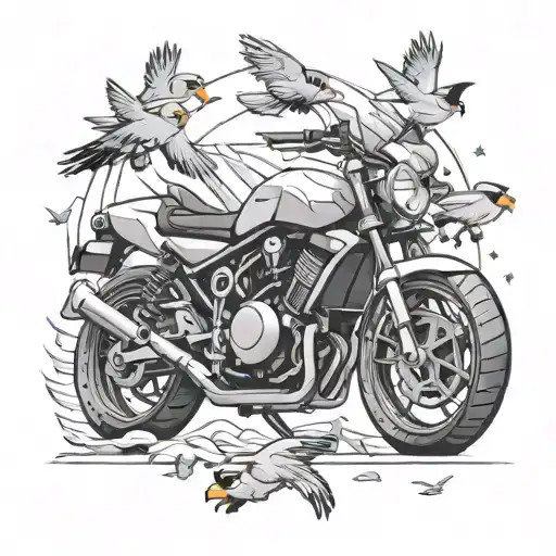 Create A Tattoo Of A Sleek Sport Bike Surrounded By A Swarm Of Angry Birds In Flight