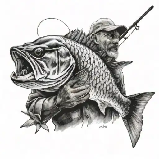 A Realistic Portrait Of The Late Father Holding A Prized Catch With A Fishing Rod In Hand