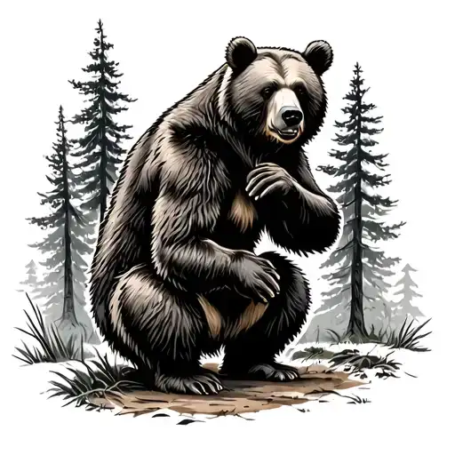 Bear Squatting Pooping In The Woods