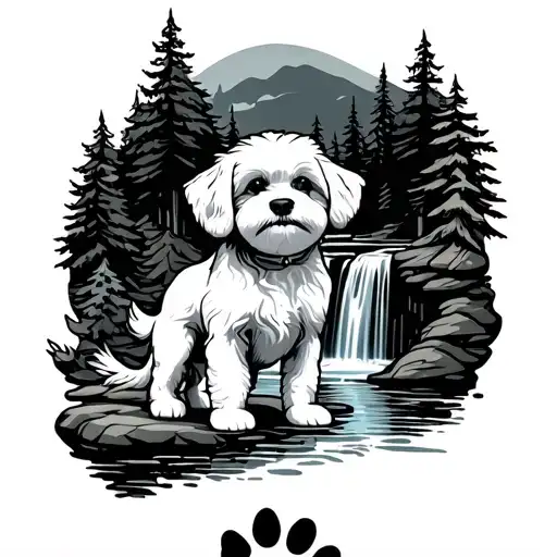 Shitzu Bichon Standing In A Forest With A Waterfall With A Paw Print Outline