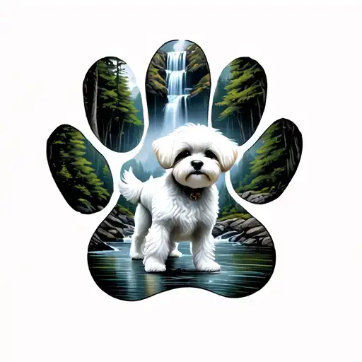 Shitzu Bichon Standing In A Forest With A Waterfall With And It's All Inside Of A Paw Print