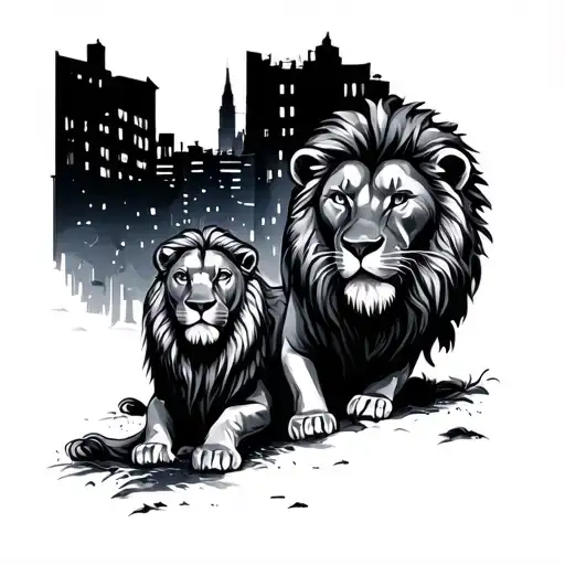 Lions On A Dark City Street