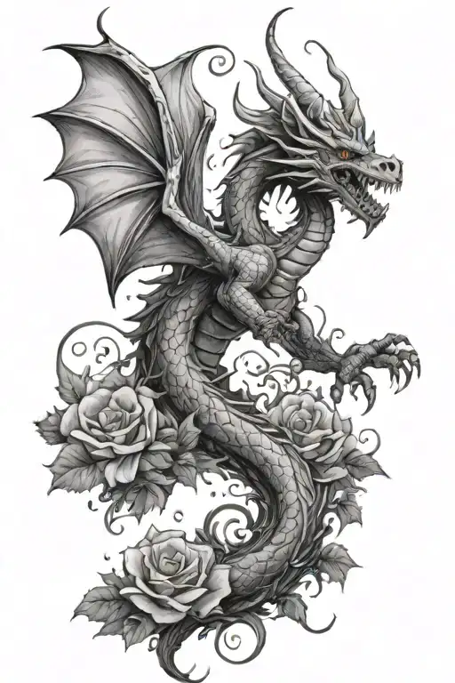 A Garden Scene With A Dragon Flying Overhead