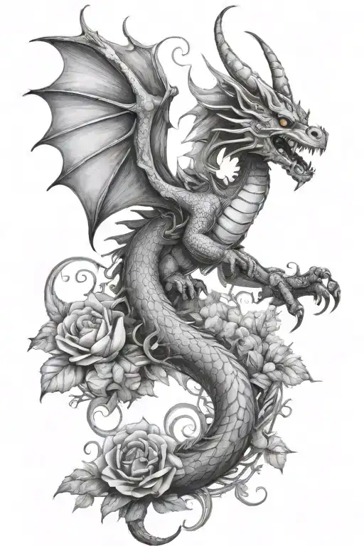 A Garden Scene With A Dragon Flying Overhead