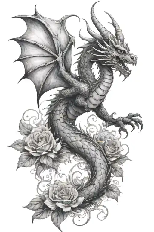 A Garden Scene With A Dragon Flying Overhead