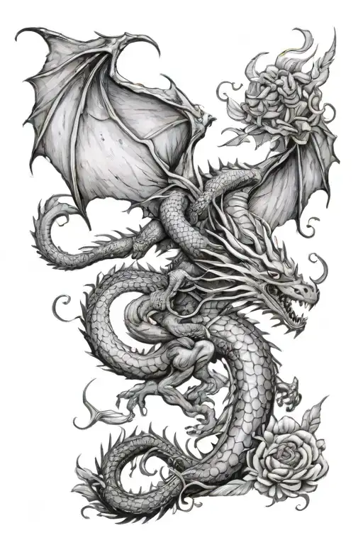 A Garden Scene With A Dragon Flying Overhead