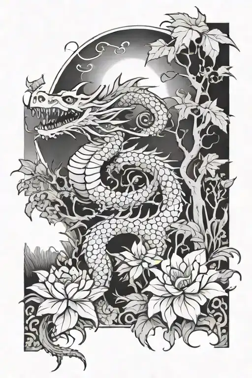 A Garden Scene With A Dragon Flying Overhead