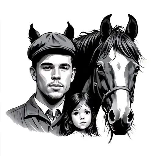 Racehorse Next To An Adult Man With A Beret And His Daughter