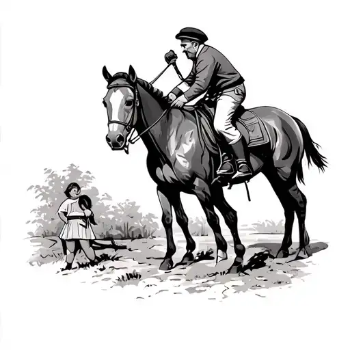 Racehorse Next To An Old Man With A Beret On His Back With A Little Girl By The Hand