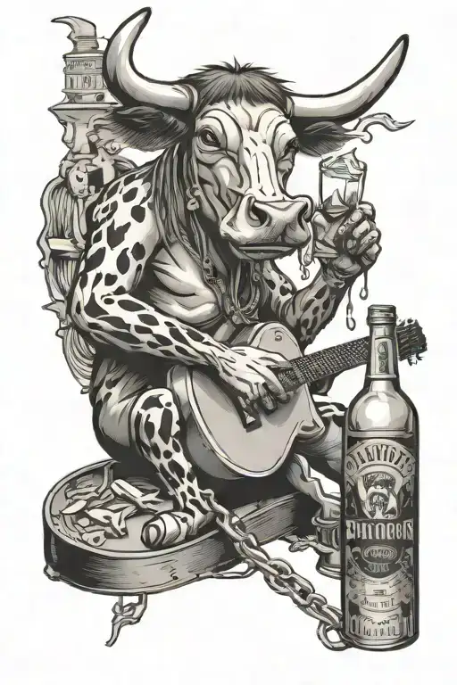 A Heavy Metal Cow Shredding On A Guitar Surrounded By Whiskey Bottles