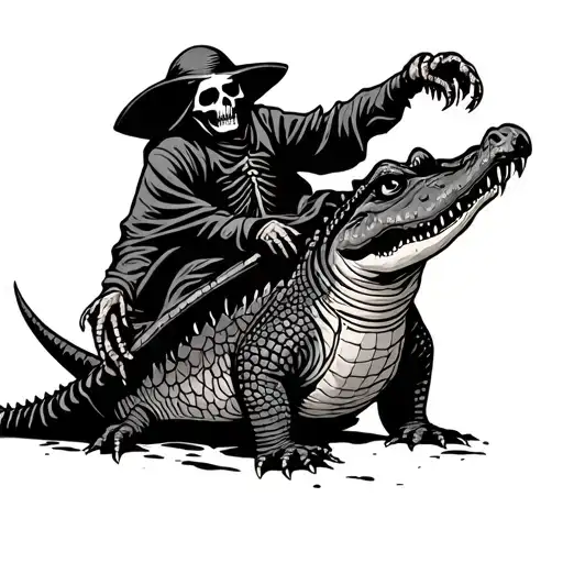 Grim Reaper Riding An Alligator American Traditional Old School