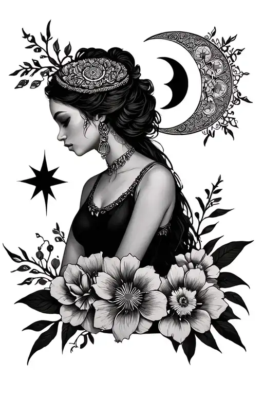 Female Woman With Star And Moon And Flowers And Mandala
