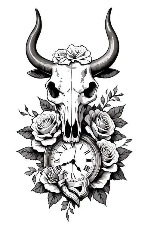 Bull Skull With Roses And A Clock