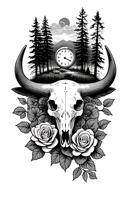 Bull Skull With Roses And A Clock With A Forest Landscape