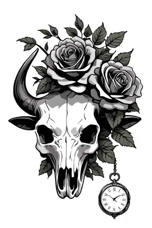 Bull Skull With Roses And A Clock With Shading