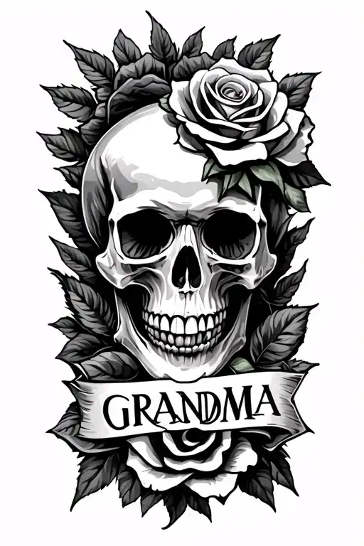 Skull And Rose Intertwined Within The Word Grandma Along The Forearm From The Wrist To The Elbow