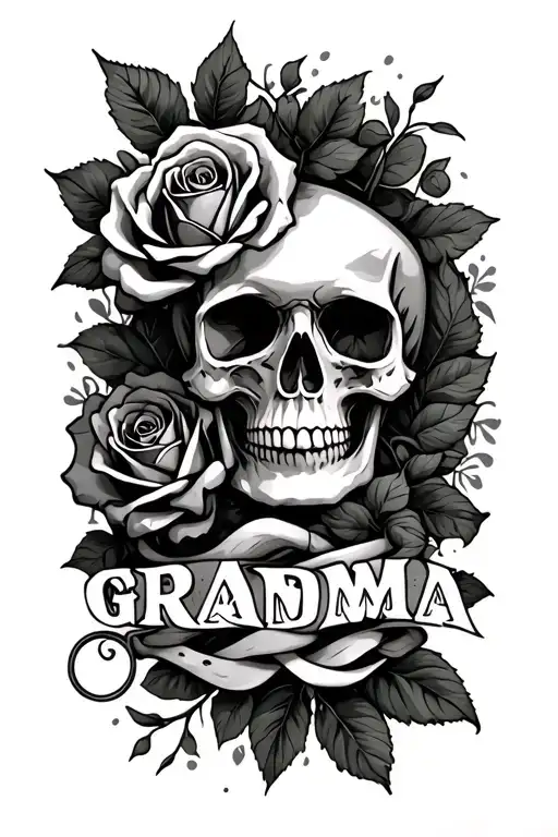 Skull And Rose Intertwined Within The Word Grandma Written