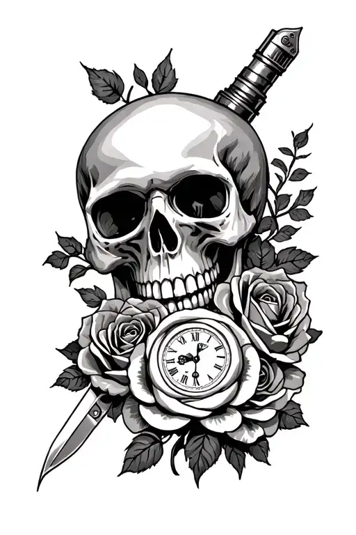 Skull With Roses And A Flip Knife And A Clock Mechanism Intertwined