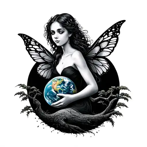 Woman With Fairy Wings Holding Earth Tree Behind