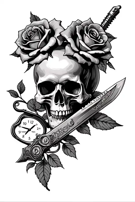 Skull With Roses And A Flip Knife And A Clock Mechanism Intertwined But Very Realistic