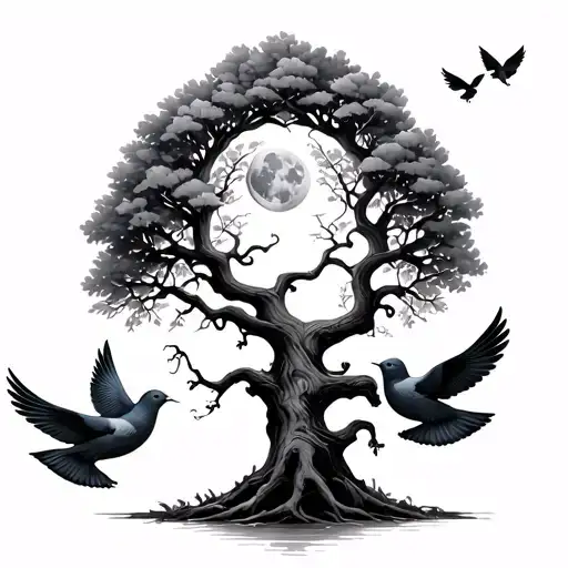 A Deeply Shaded Poison Tree With Doves & A Moon