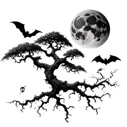 A Poison Tree With Bats & A Moon In The Top Right Background