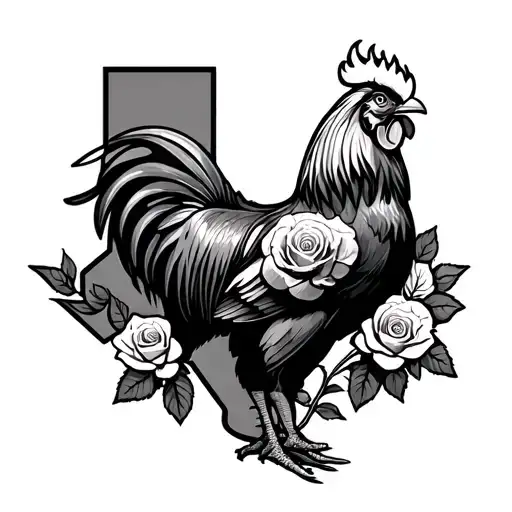 Texas State With Fighting Rooster And Roses Growing