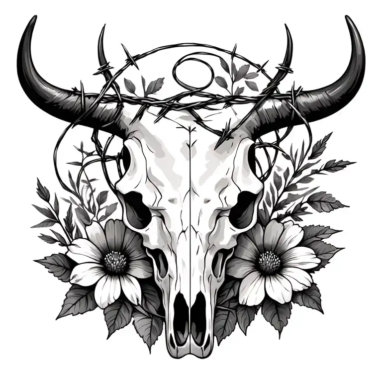 Bull Skull With Barbed Wire Desert Flowers