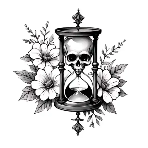 Hourglass With Skull On Top And Flowers Around The Bottom