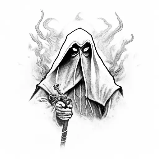 Hooded Dark Wizard Made Of Smoke Holding His Staff